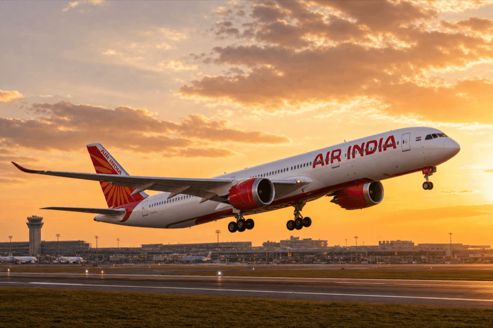 Air India aircraft taking off from an airport runway