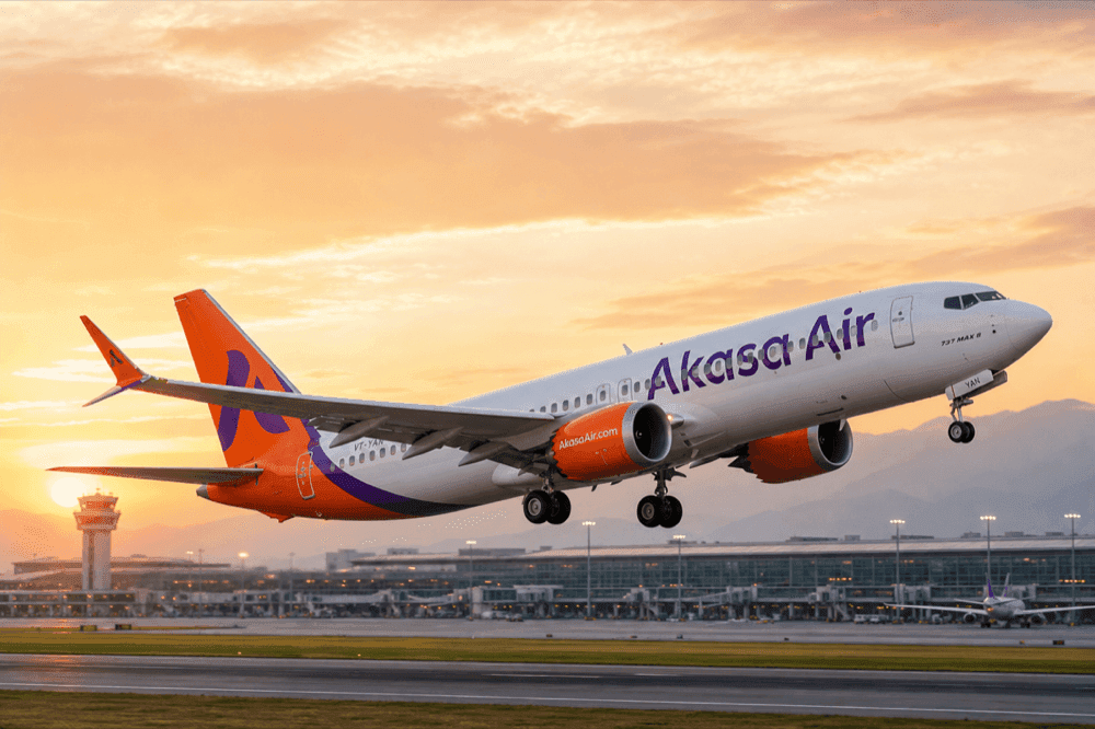 Akasa Air aircraft taking off from an airport runway