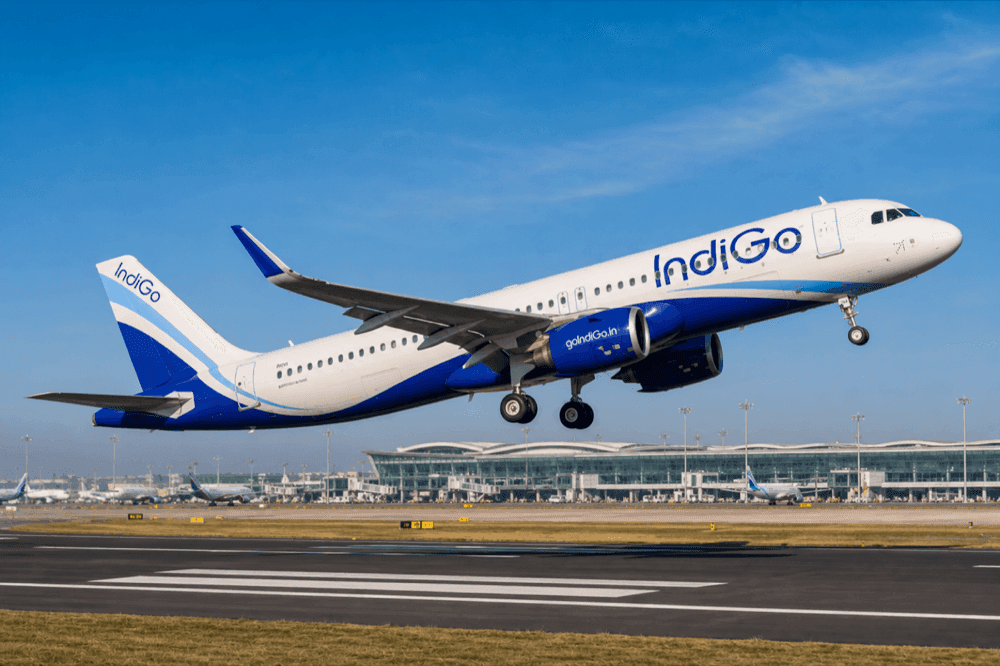 IndiGo aircraft taking off from an airport runway