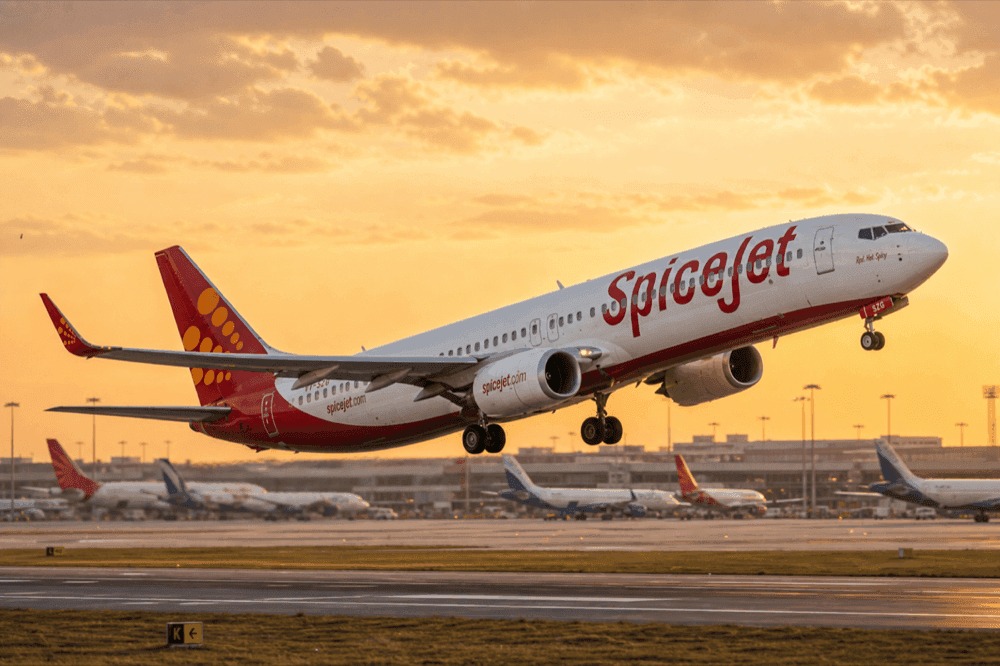 SpiceJet aircraft taking off from an airport runway