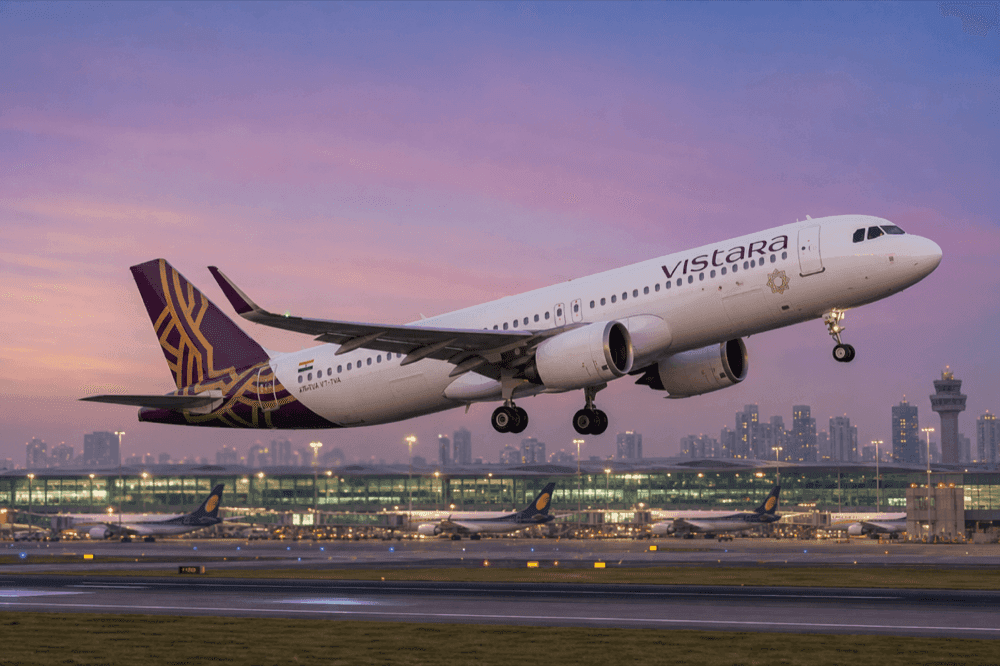 Vistara aircraft taking off from an airport runway